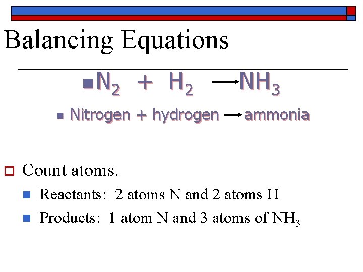 Balancing Equations n N 2 n o + H 2 Nitrogen + hydrogen NH