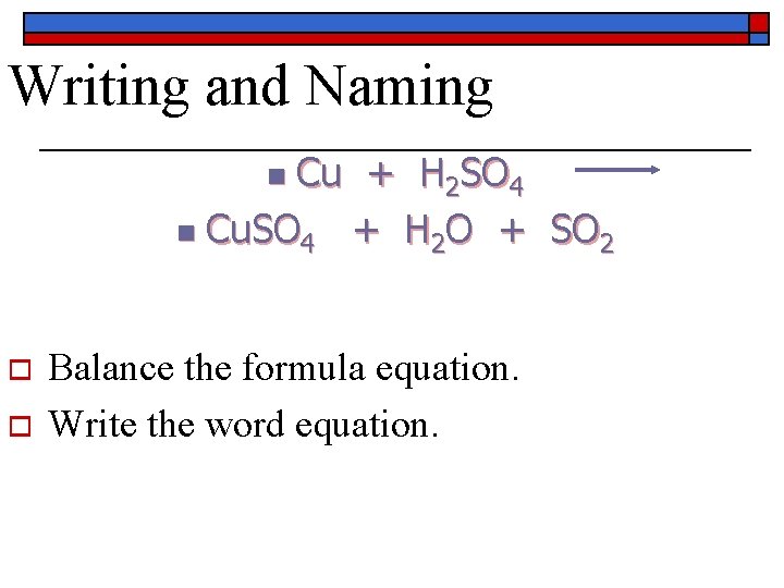 Writing and Naming Cu + H 2 SO 4 n Cu. SO 4 +