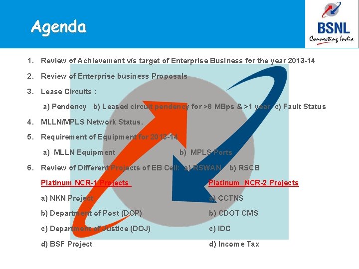 Agenda 1. Review of Achievement v/s target of Enterprise Business for the year 2013