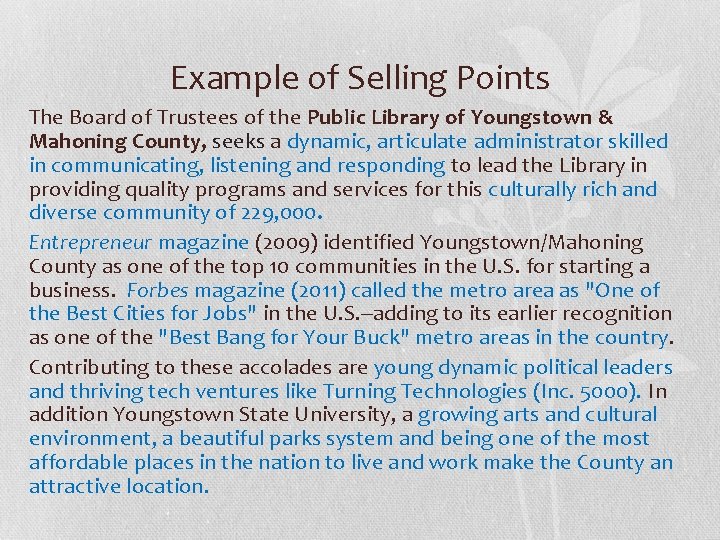 Example of Selling Points The Board of Trustees of the Public Library of Youngstown