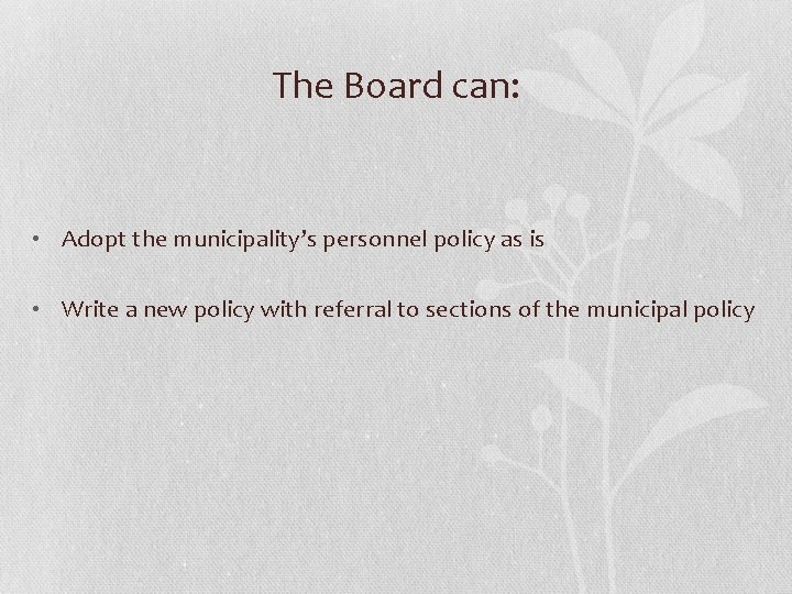 The Board can: • Adopt the municipality’s personnel policy as is • Write a