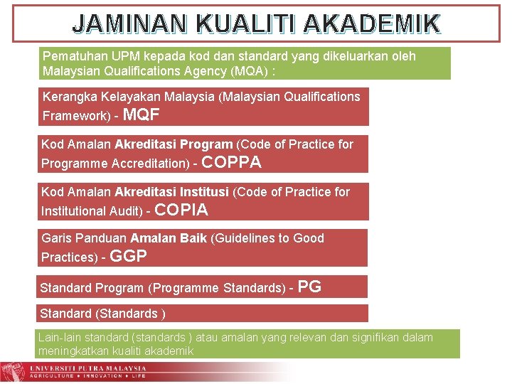 JAMINAN KUALITI AKADEMIK Pematuhan UPM kepada kod dan standard yang dikeluarkan oleh Malaysian Qualifications