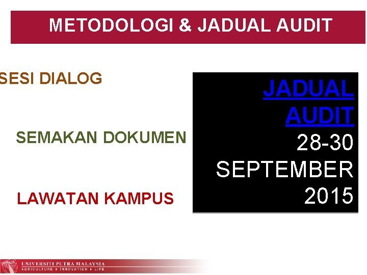 METODOLOGI & JADUAL AUDIT SESI DIALOG SEMAKAN DOKUMEN LAWATAN KAMPUS JADUAL AUDIT 28 -30