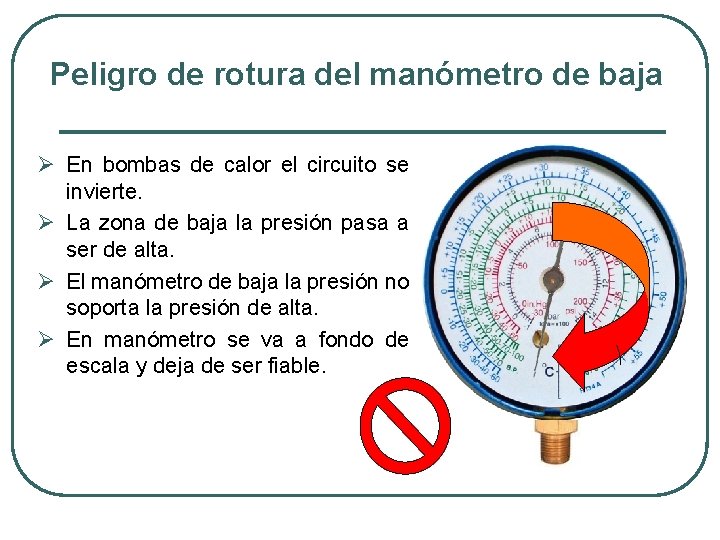Peligro de rotura del manómetro de baja Ø En bombas de calor el circuito