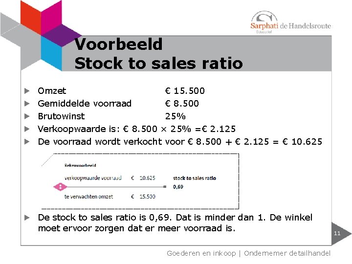 Voorbeeld Stock to sales ratio Omzet € 15. 500 Gemiddelde voorraad € 8. 500