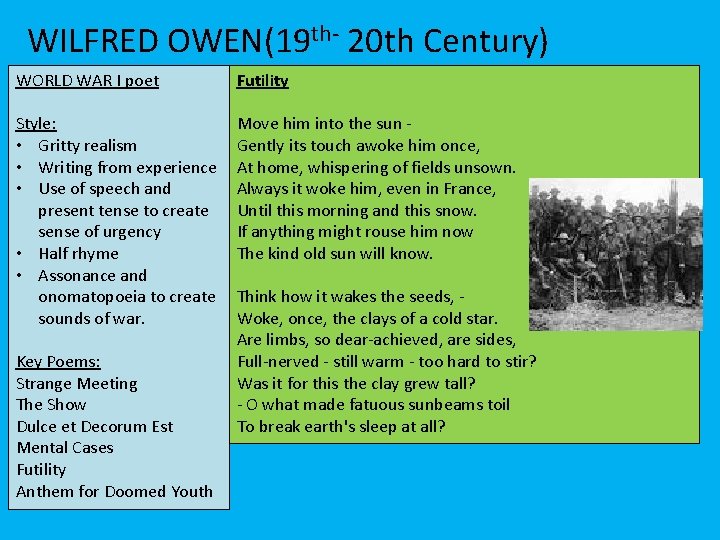 WILFRED OWEN(19 th- 20 th Century) WORLD WAR I poet Futility Style: • Gritty