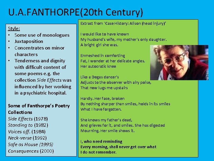 U. A. FANTHORPE(20 th Century) Style: • Some use of monologues • Juxtaposition •