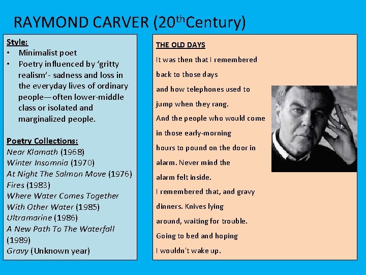 RAYMOND CARVER (20 th. Century) Style: • Minimalist poet • Poetry influenced by ‘gritty