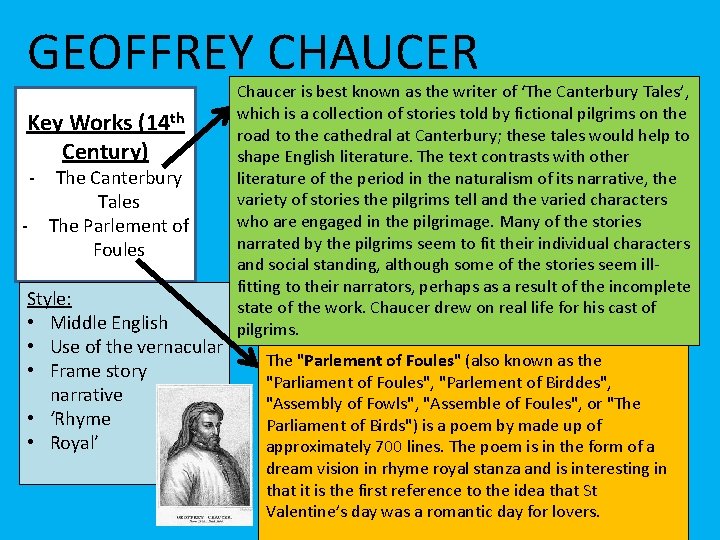 GEOFFREY CHAUCER Key Works (14 th Century) - - The Canterbury Tales The Parlement