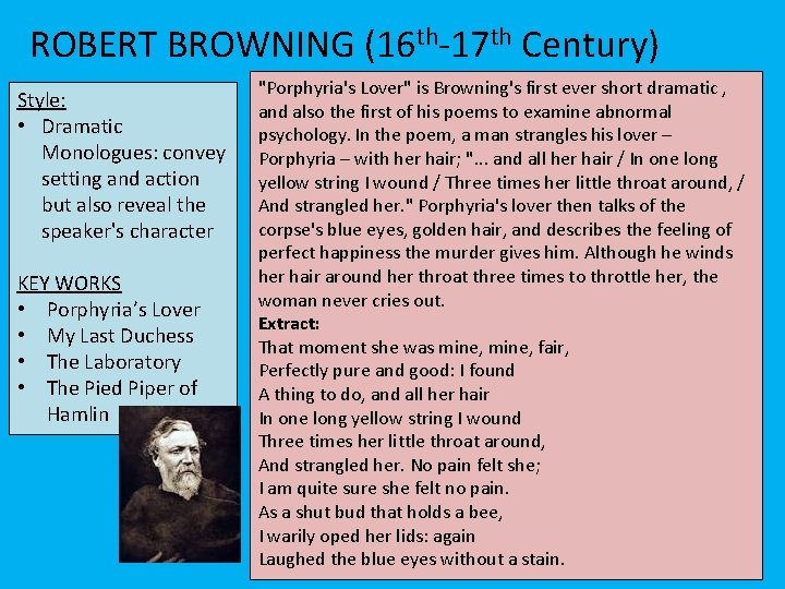 ROBERT BROWNING (16 th-17 th Century) Style: • Dramatic Monologues: convey setting and action