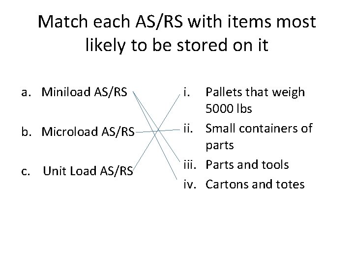 Match each AS/RS with items most likely to be stored on it a. Miniload