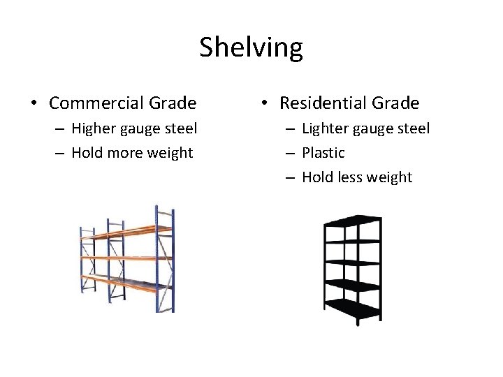 Shelving • Commercial Grade – Higher gauge steel – Hold more weight • Residential
