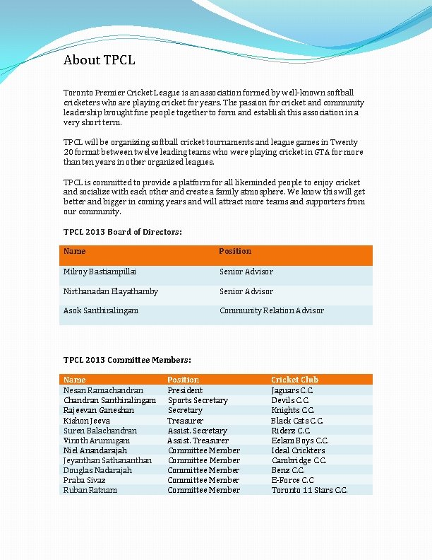 About TPCL Toronto Premier Cricket League is an association formed by well-known softball cricketers