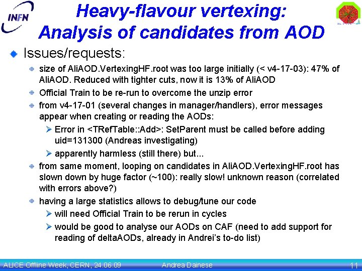 Heavy-flavour vertexing: Analysis of candidates from AOD Issues/requests: size of Ali. AOD. Vertexing. HF.