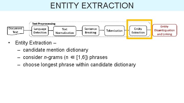 ENTITY EXTRACTION • Entity Extraction – – candidate mention dictionary – consider n-grams (n