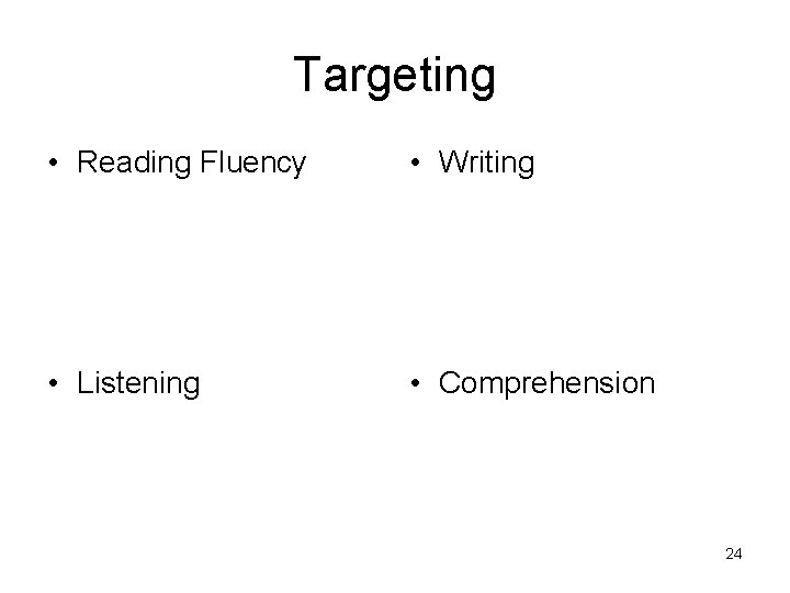 Targeting • Reading Fluency • Writing • Listening • Comprehension 24 