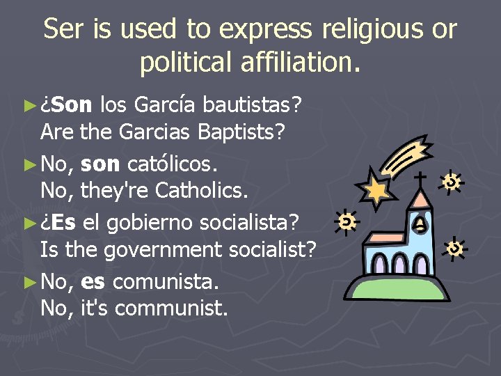 Ser is used to express religious or political affiliation. ► ¿Son los García bautistas?
