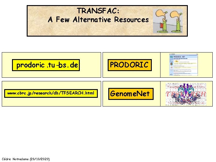 TRANSFAC: A Few Alternative Resources prodoric. tu-bs. de www. cbrc. jp/research/db/TFSEARCH. html Cédric Notredame