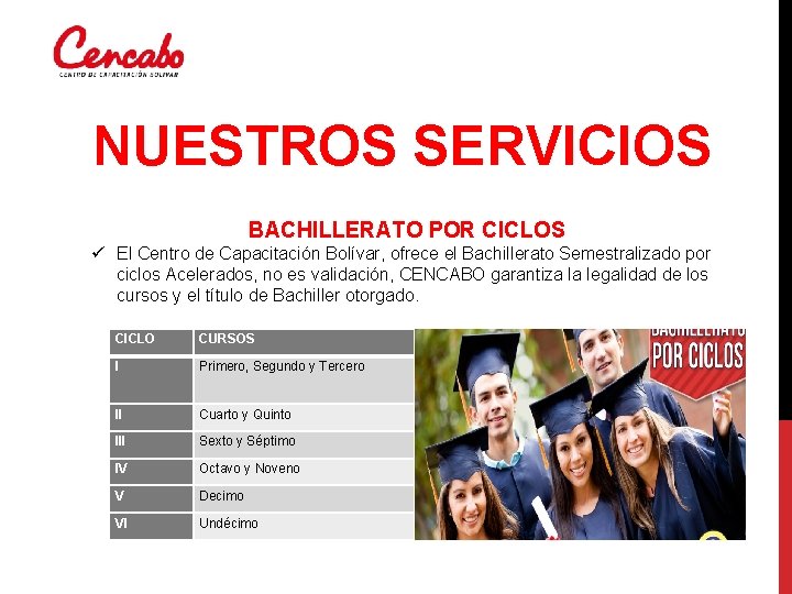 NUESTROS SERVICIOS BACHILLERATO POR CICLOS ü El Centro de Capacitación Bolívar, ofrece el Bachillerato
