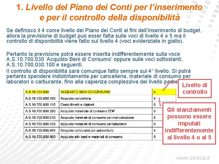 1. Livello del Piano dei Conti per l’inserimento e per il controllo della disponibilità