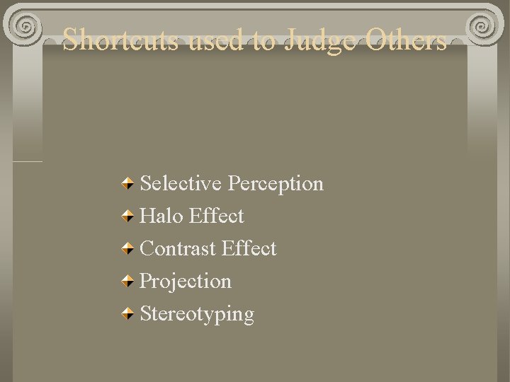 Shortcuts used to Judge Others Selective Perception Halo Effect Contrast Effect Projection Stereotyping 