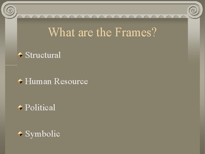 What are the Frames? Structural Human Resource Political Symbolic 