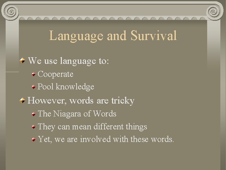 Language and Survival We use language to: Cooperate Pool knowledge However, words are tricky