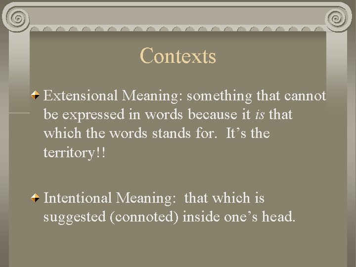 Contexts Extensional Meaning: something that cannot be expressed in words because it is that