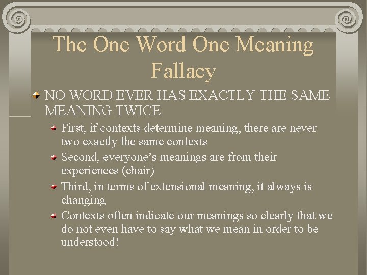 The One Word One Meaning Fallacy NO WORD EVER HAS EXACTLY THE SAME MEANING