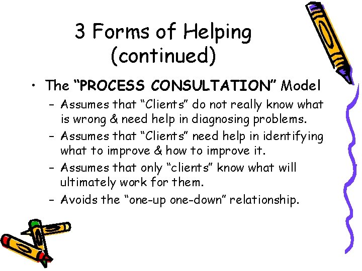 3 Forms of Helping (continued) • The “PROCESS CONSULTATION” Model – Assumes that “Clients”