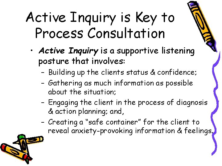 Active Inquiry is Key to Process Consultation • Active Inquiry is a supportive listening