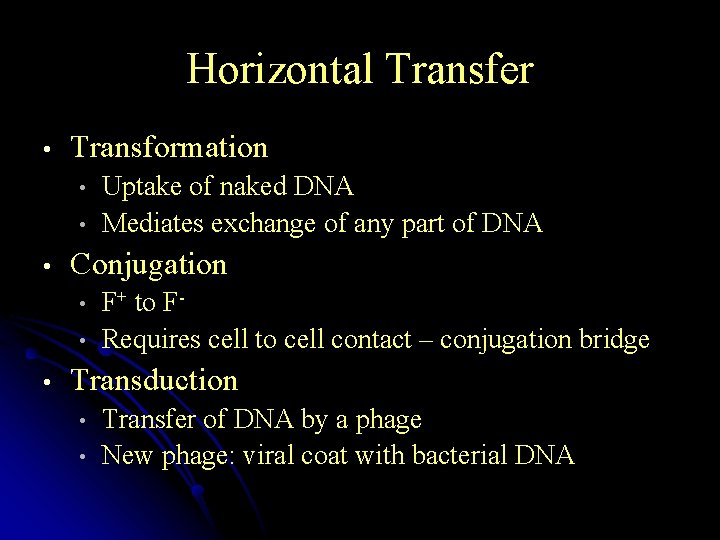 Horizontal Transfer • Transformation • • • Conjugation • • • Uptake of naked