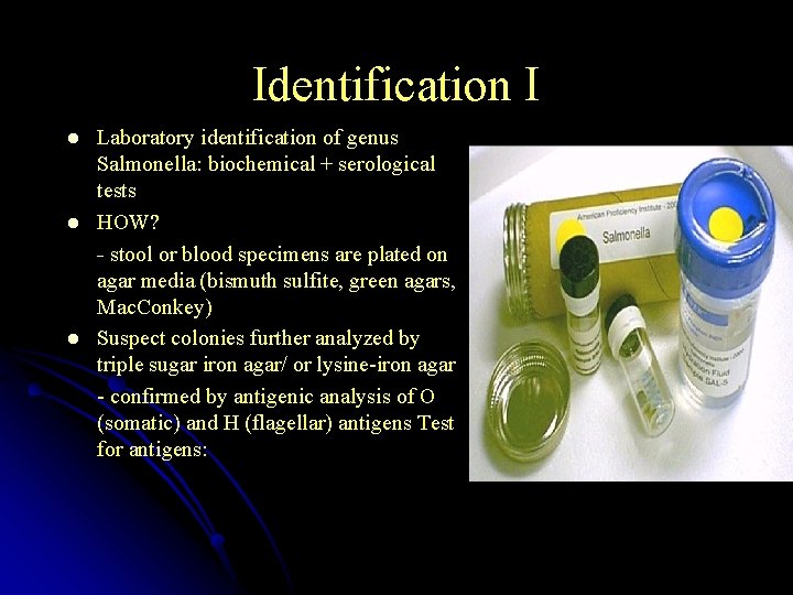 Identification I l l l Laboratory identification of genus Salmonella: biochemical + serological tests