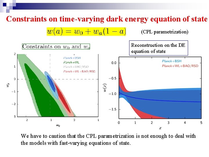 Constraints on time-varying dark energy equation of state (CPL parametrization) Reconstruction on the DE