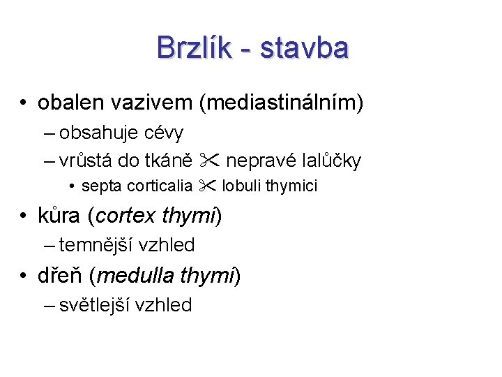Brzlík - stavba • obalen vazivem (mediastinálním) – obsahuje cévy – vrůstá do tkáně