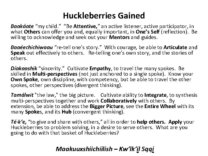 Huckleberries Gained Baakáate “my child. ” “Be Attentive, ” an active listener, active participator,