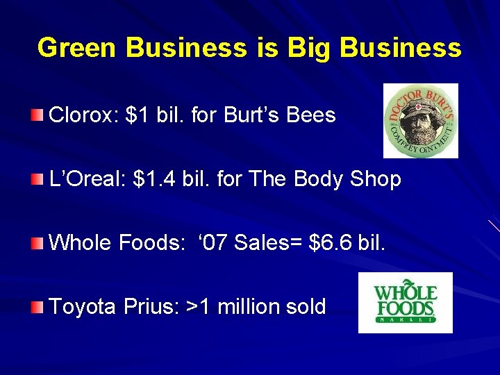 Green Business is Big Business Clorox: $1 bil. for Burt’s Bees L’Oreal: $1. 4