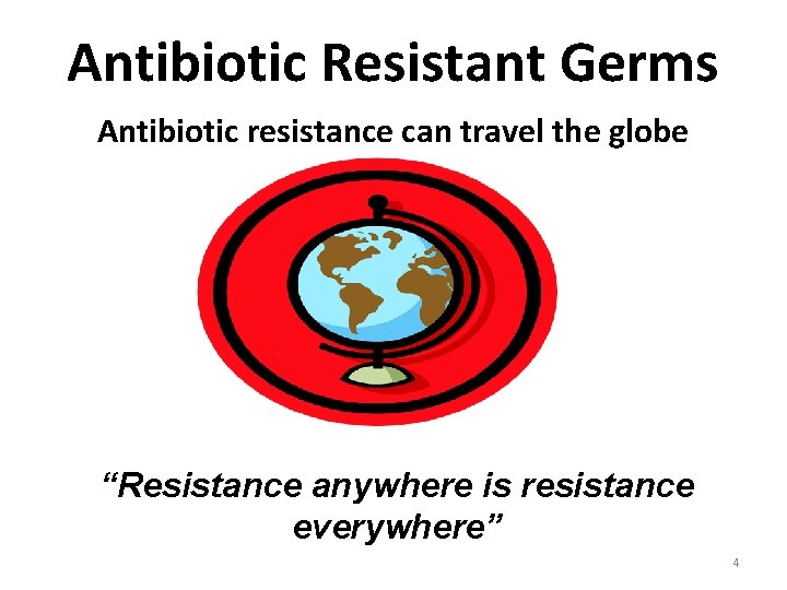 Antibiotic Resistant Germs Antibiotic resistance can travel the globe “Resistance anywhere is resistance everywhere”