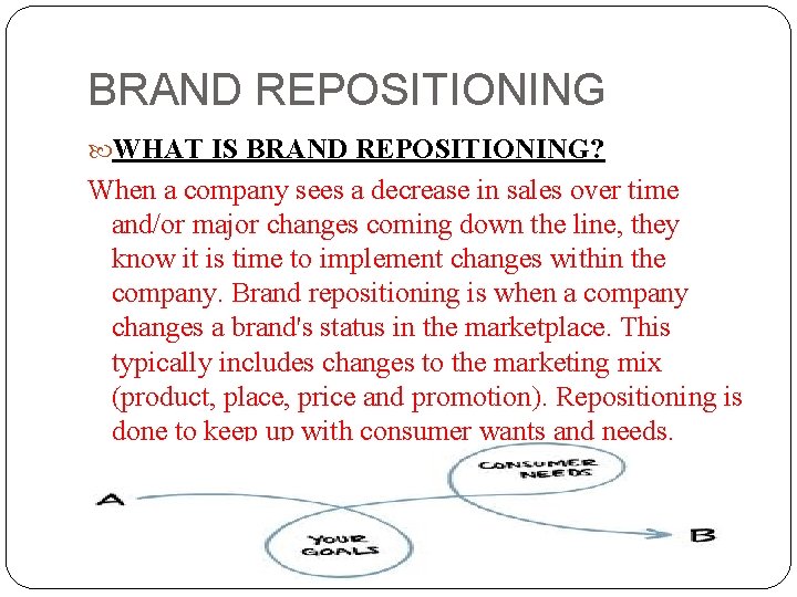 BRAND REPOSITIONING WHAT IS BRAND REPOSITIONING? When a company sees a decrease in sales