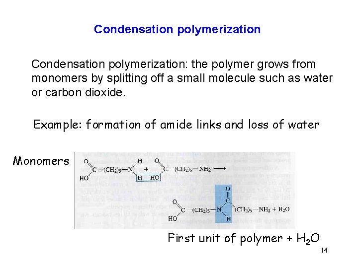Condensation polymerization: the polymer grows from monomers by splitting off a small molecule such