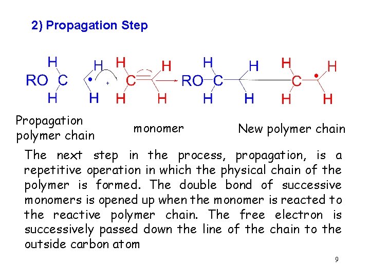 2) Propagation Step Propagation polymer chain monomer New polymer chain The next step in