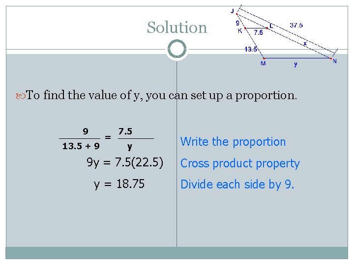 Solution To find the value of y, you can set up a proportion. 9