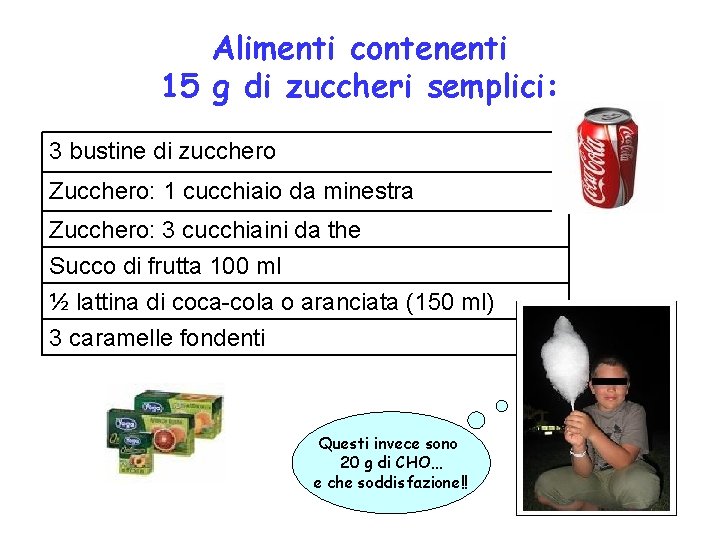 Alimenti contenenti 15 g di zuccheri semplici: 3 bustine di zucchero Zucchero: 1 cucchiaio