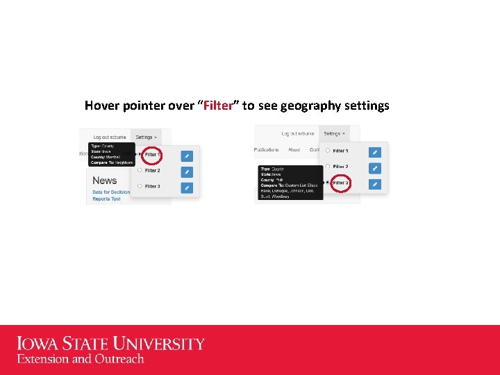 Hover pointer over “Filter” to see geography settings 