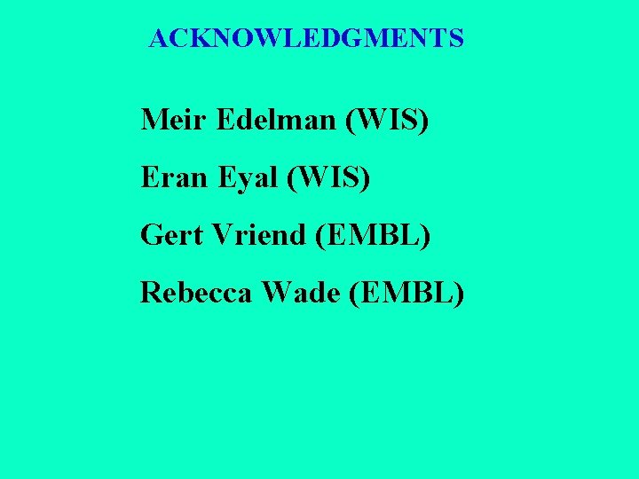 ACKNOWLEDGMENTS Meir Edelman (WIS) Eran Eyal (WIS) Gert Vriend (EMBL) Rebecca Wade (EMBL) 