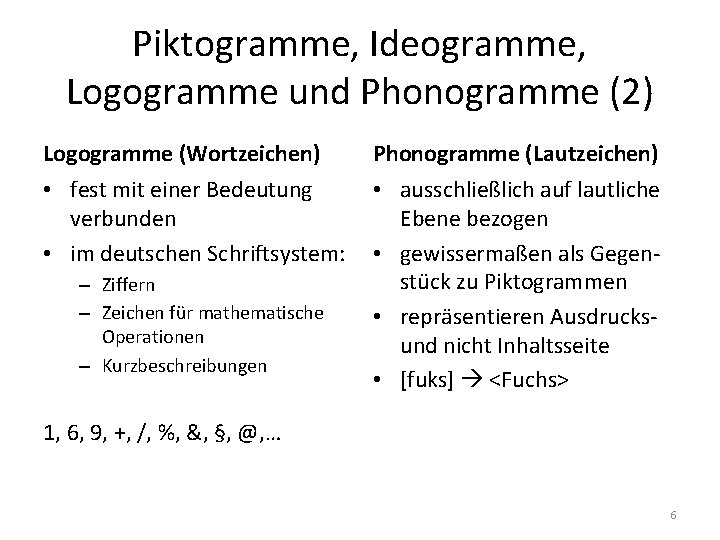 Piktogramme, Ideogramme, Logogramme und Phonogramme (2) Logogramme (Wortzeichen) Phonogramme (Lautzeichen) • fest mit einer