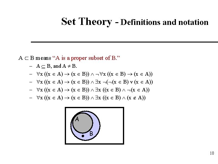 Set Theory - Definitions and notation A B means “A is a proper subset