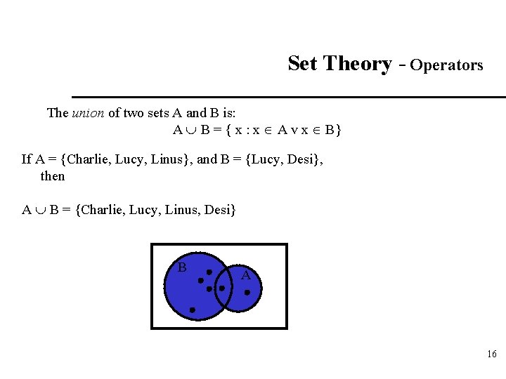 Set Theory - Operators The union of two sets A and B is: A