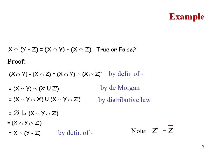Example X (Y - Z) = (X Y) - (X Z). True or False?