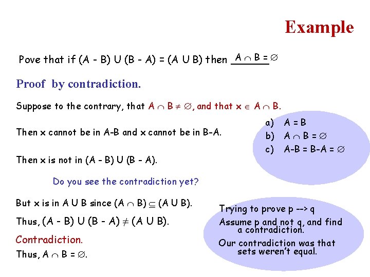 Example A B= Pove that if (A - B) U (B - A) =